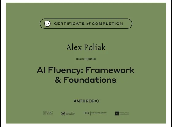 Certifikát AI Fluency: Framework and Foundations od Anthropic na meno Alex Poliak