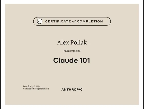 Certifikát Claude 101 od Anthropic na meno Alex Poliak