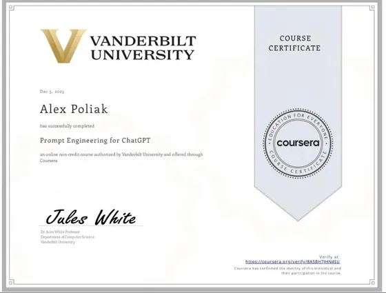 Certifikát Prompt Engineering for ChatGPT od Vanderbilt University na meno Alex Poliak